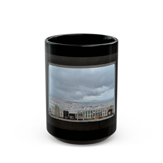 Scenic Cityscape Black Coffee Mug — Panoramic Skyline Photo (11oz/15oz)