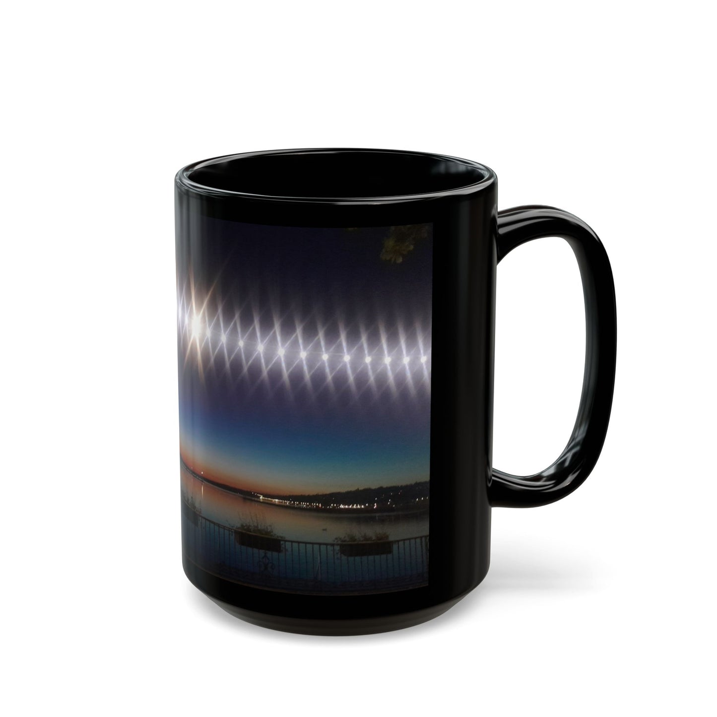 Black Ceramic Mug — Night Harbor Light Reflection Design in Switzerland(11oz, 15oz)