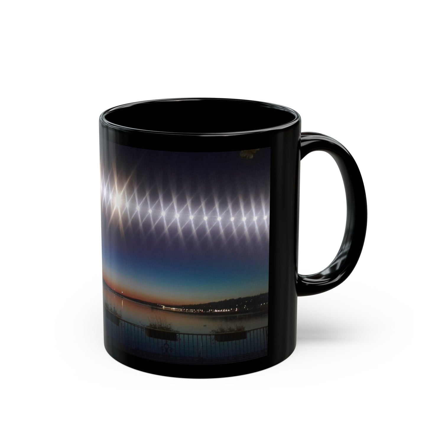 Black Ceramic Mug — Night Harbor Light Reflection Design in Switzerland(11oz, 15oz)