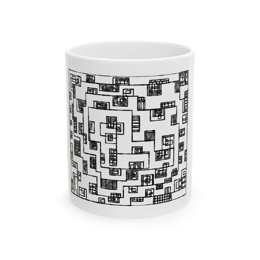 Black Geometric Maze Ceramic Mug — Modern Patterned 11oz/15oz Coffee Mug