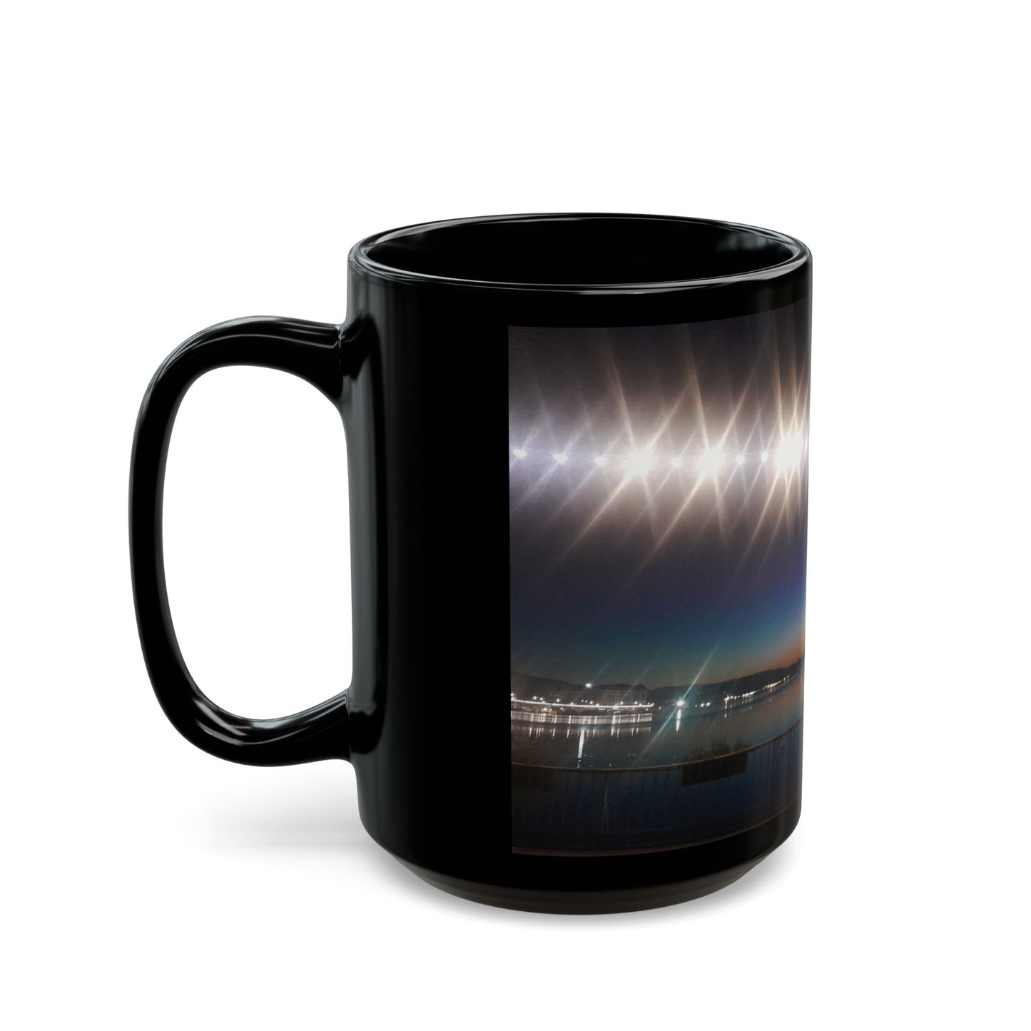 Black Ceramic Mug — Night Harbor Light Reflection Design in Switzerland(11oz, 15oz)