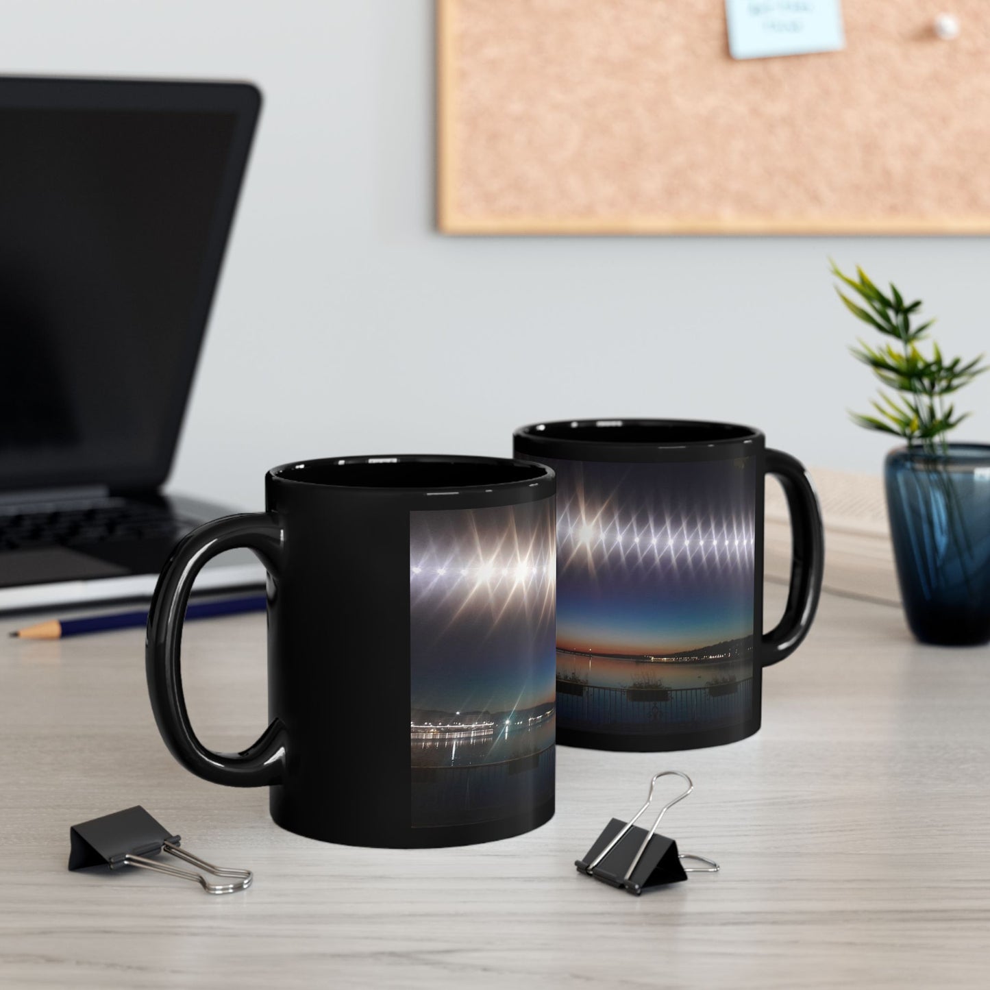 Black Ceramic Mug — Night Harbor Light Reflection Design in Switzerland(11oz, 15oz)