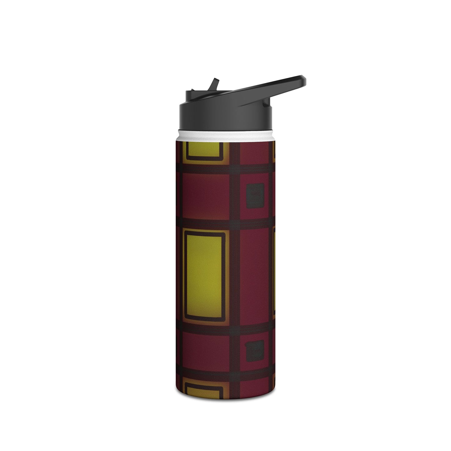 Geometric Plaid Stainless Steel Water Bottle — Burgundy & Mustard