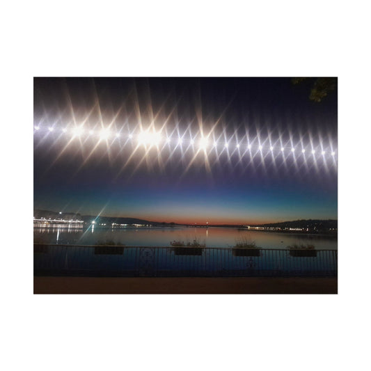 Night Harbor Rolled Poster — Sparkling Light Reflections Over Waterfront