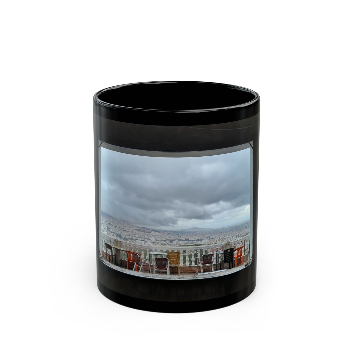 Scenic Rooftop View Black Coffee Mug — Urban Skyline Photo (11oz, 15oz)