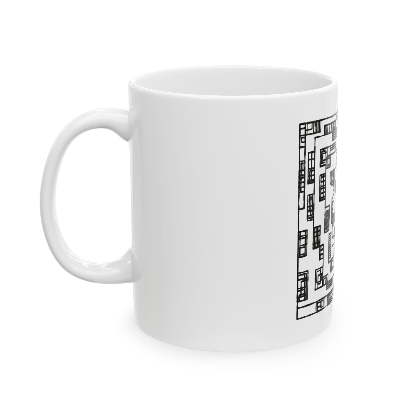 Geometric Maze Mind Box Ceramic Mug — Black & White Optical Pattern (11oz/15oz)