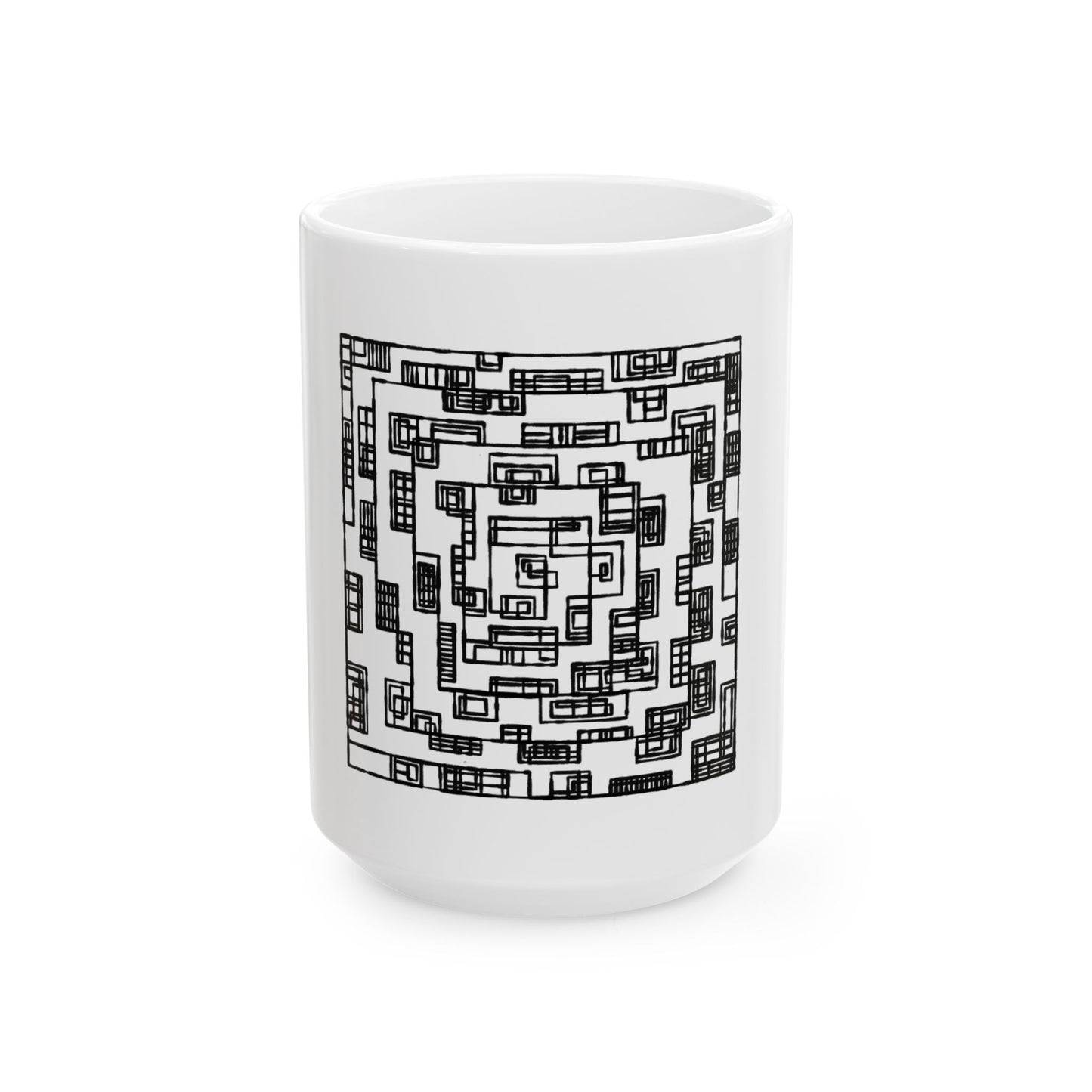 Geometric Maze Mind Box Ceramic Mug — Black & White Optical Pattern (11oz/15oz)