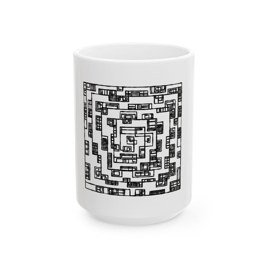 Geometric Maze Mind Box Ceramic Mug — Black & White Optical Pattern (11oz/15oz)