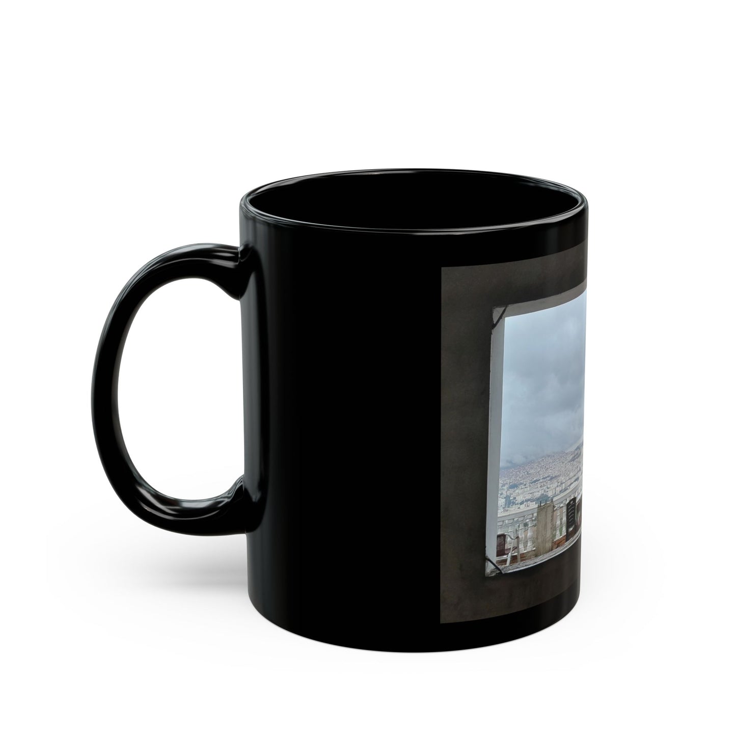 Scenic Cityscape Black Coffee Mug — Panoramic Skyline Photo (11oz/15oz)