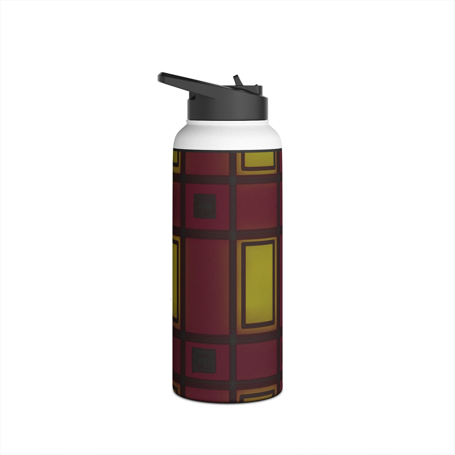 Geometric Plaid Stainless Steel Water Bottle — Burgundy & Mustard
