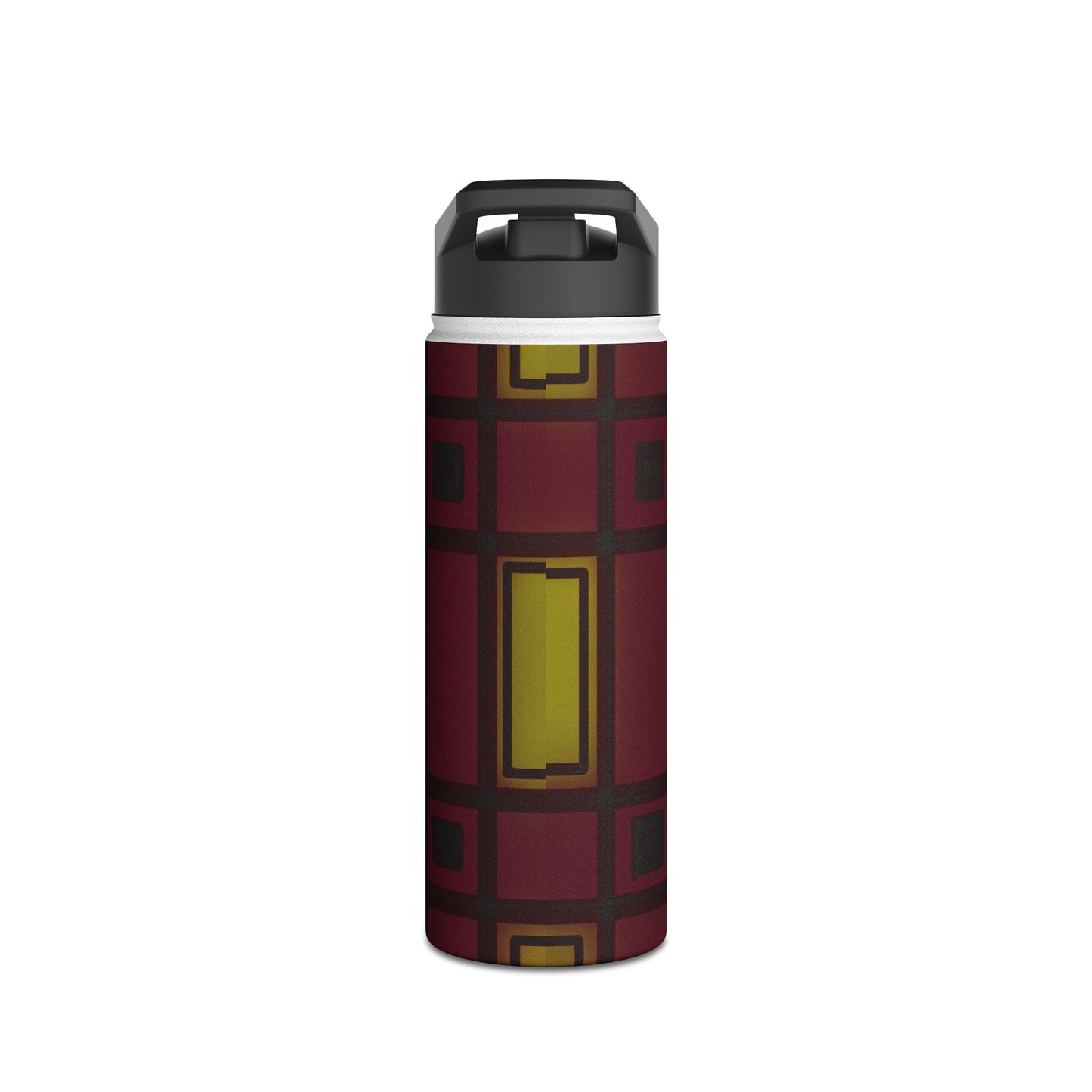 Geometric Plaid Stainless Steel Water Bottle — Burgundy & Mustard