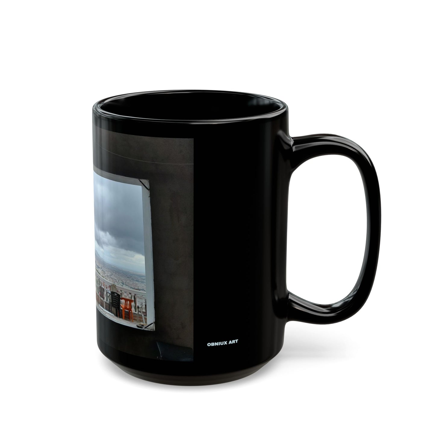 Scenic Rooftop View Black Coffee Mug — Urban Skyline Photo (11oz, 15oz)