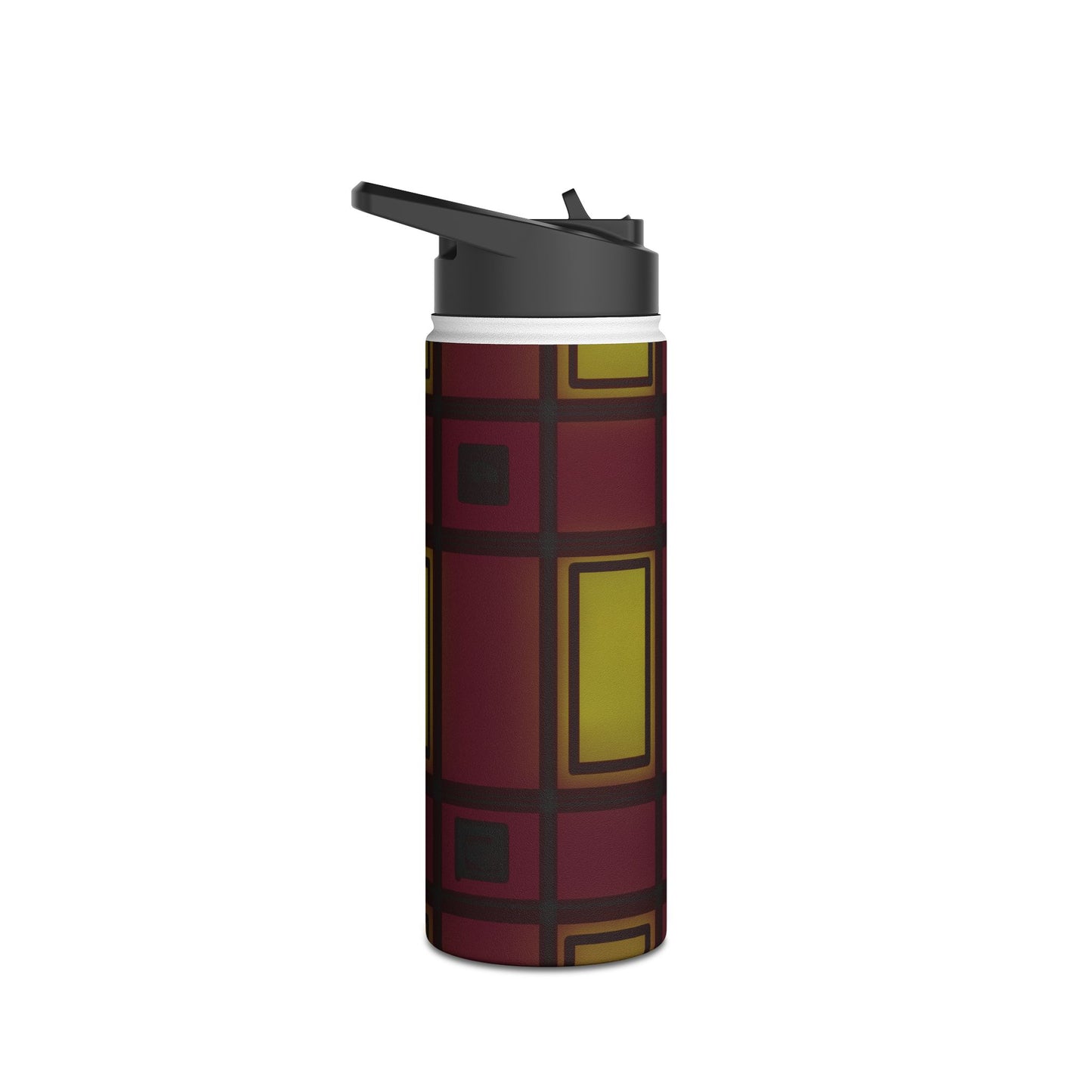 Geometric Plaid Stainless Steel Water Bottle — Burgundy & Mustard