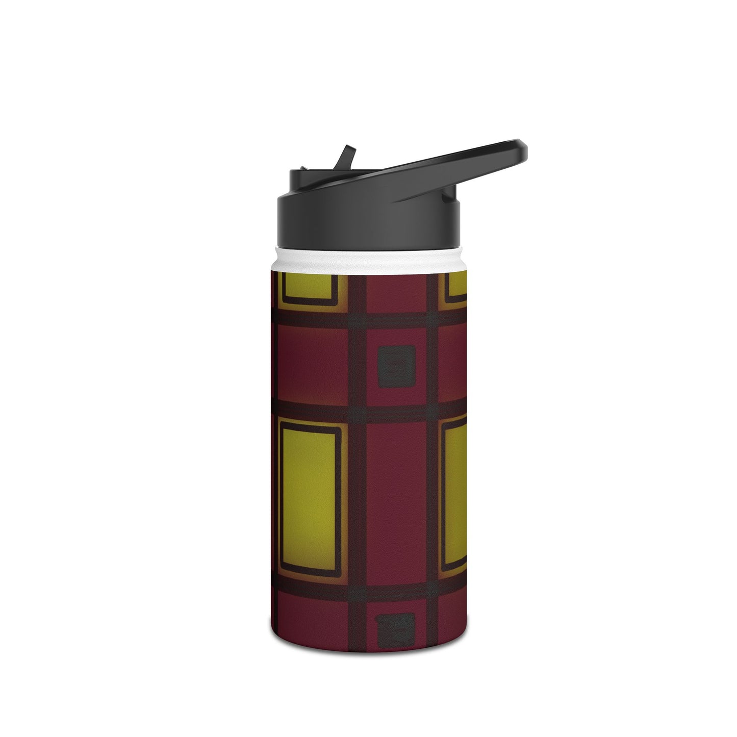 Geometric Plaid Stainless Steel Water Bottle — Burgundy & Mustard