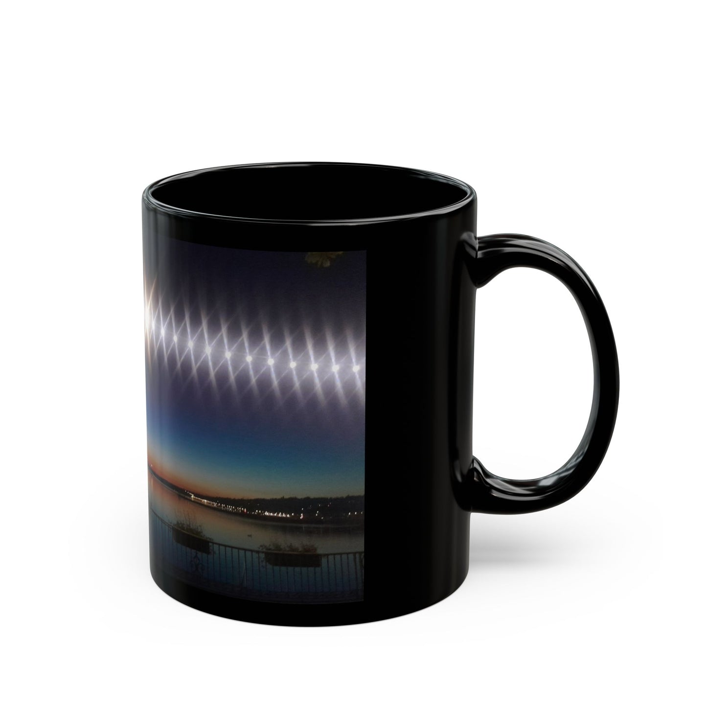 Black Ceramic Mug — Night Harbor Light Reflection Design in Switzerland(11oz, 15oz)