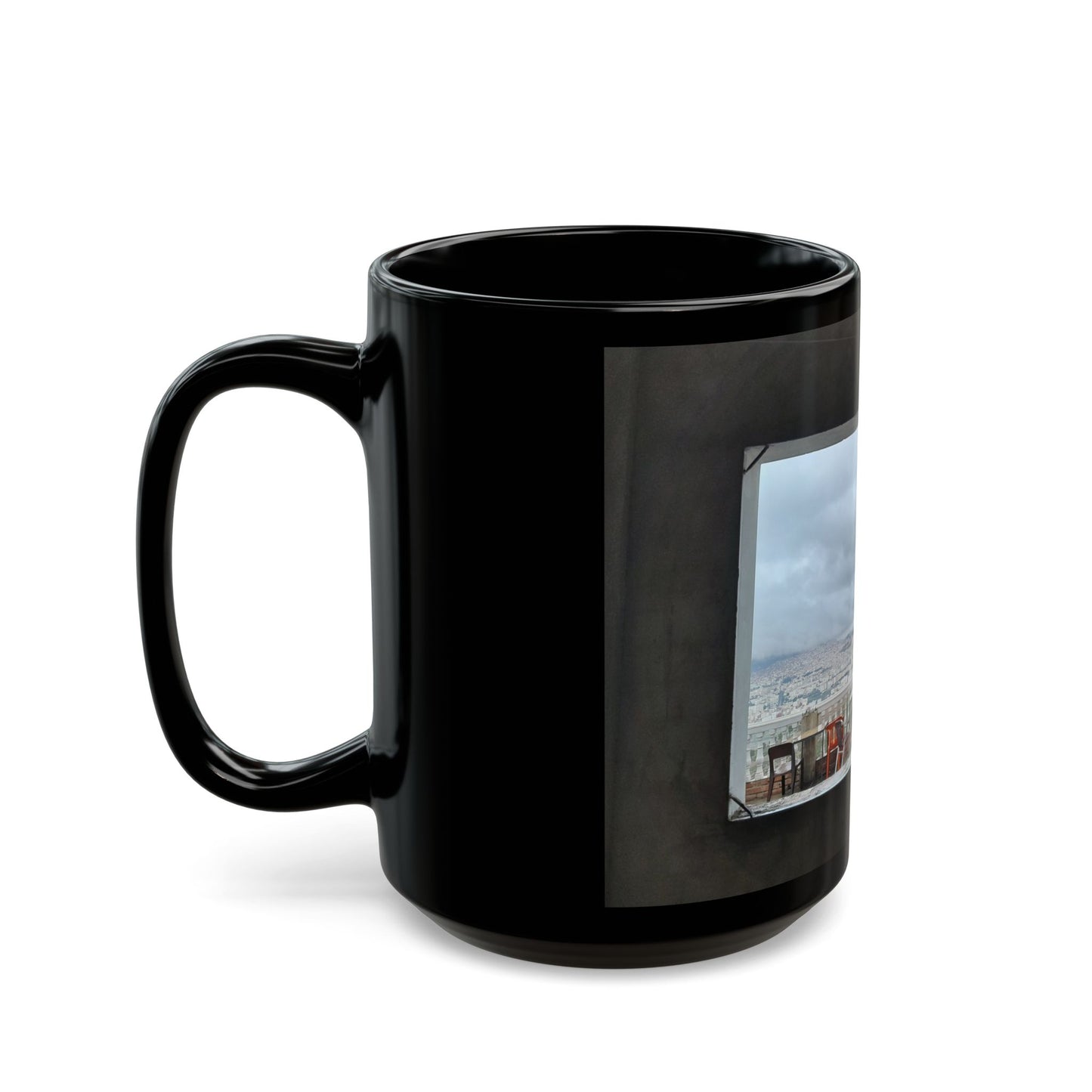Scenic Rooftop View Black Coffee Mug — Urban Skyline Photo (11oz, 15oz)