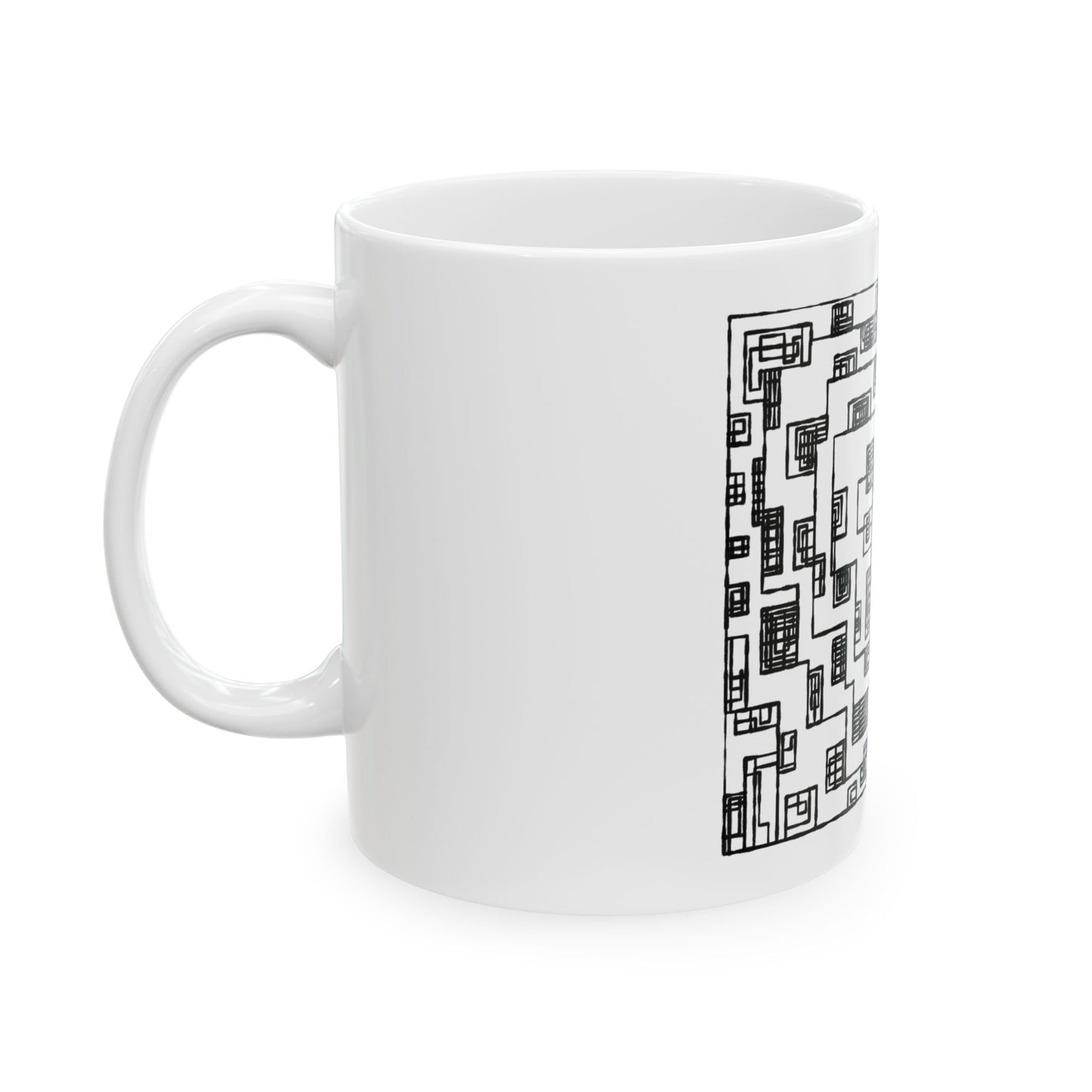 Black Geometric Maze Ceramic Mug — Modern Patterned 11oz/15oz Coffee Mug