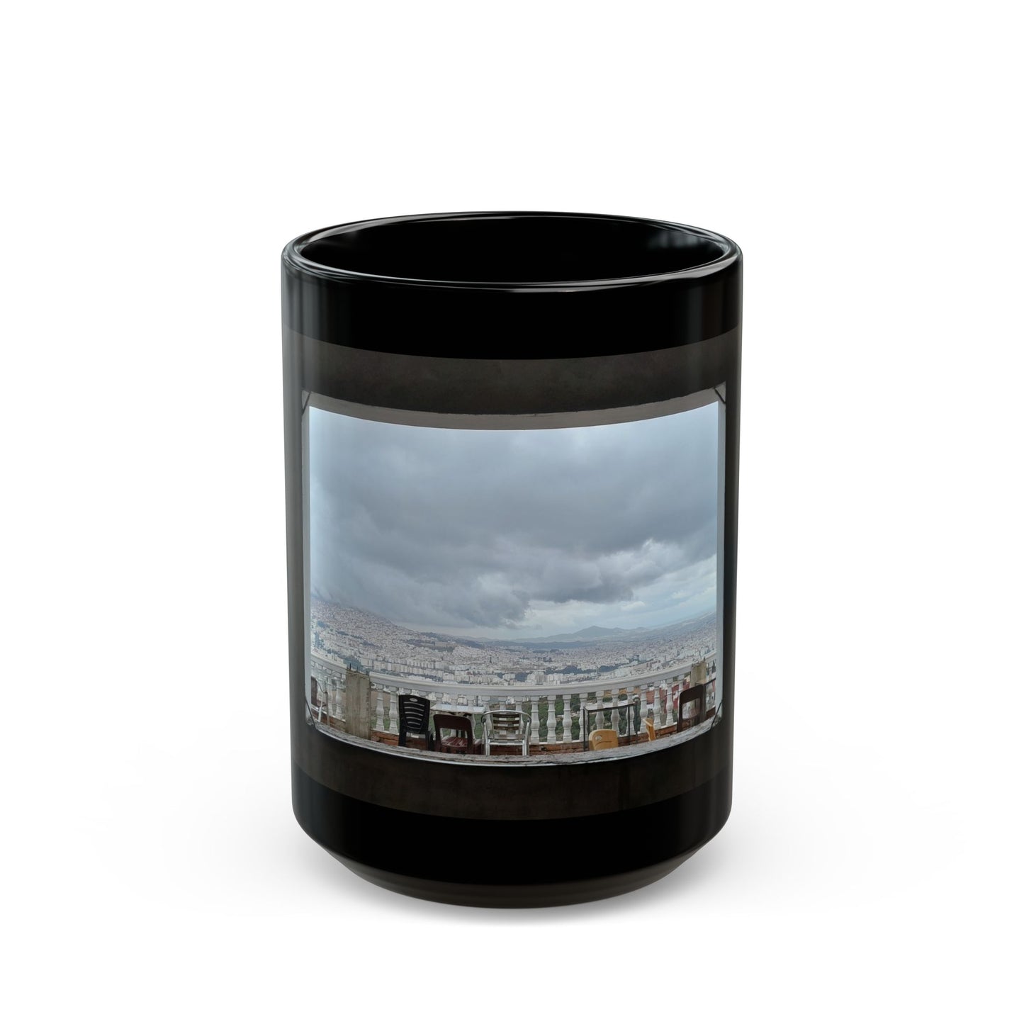 Scenic Cityscape Black Coffee Mug — Panoramic Skyline Photo (11oz/15oz)