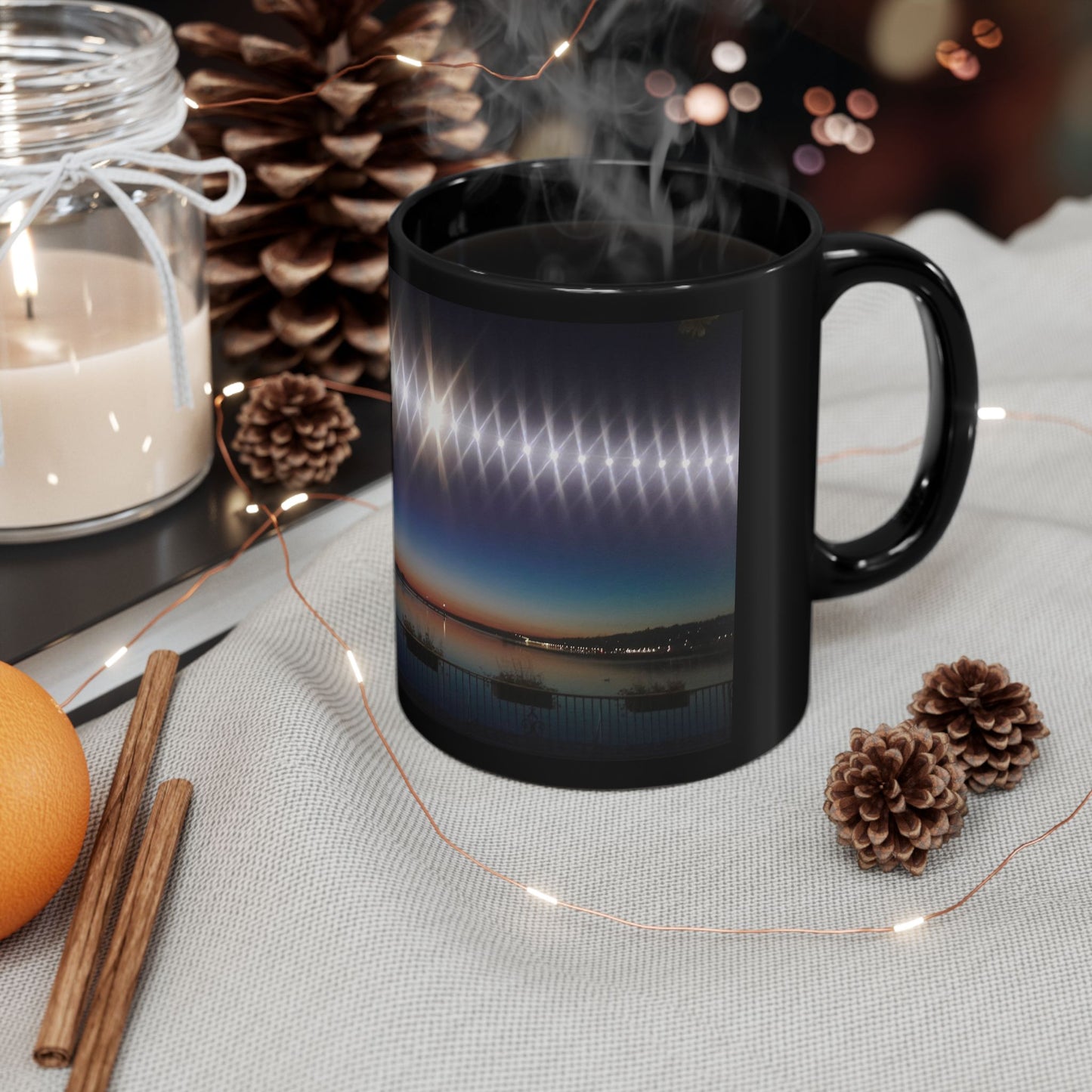 Black Ceramic Mug — Night Harbor Light Reflection Design in Switzerland(11oz, 15oz)
