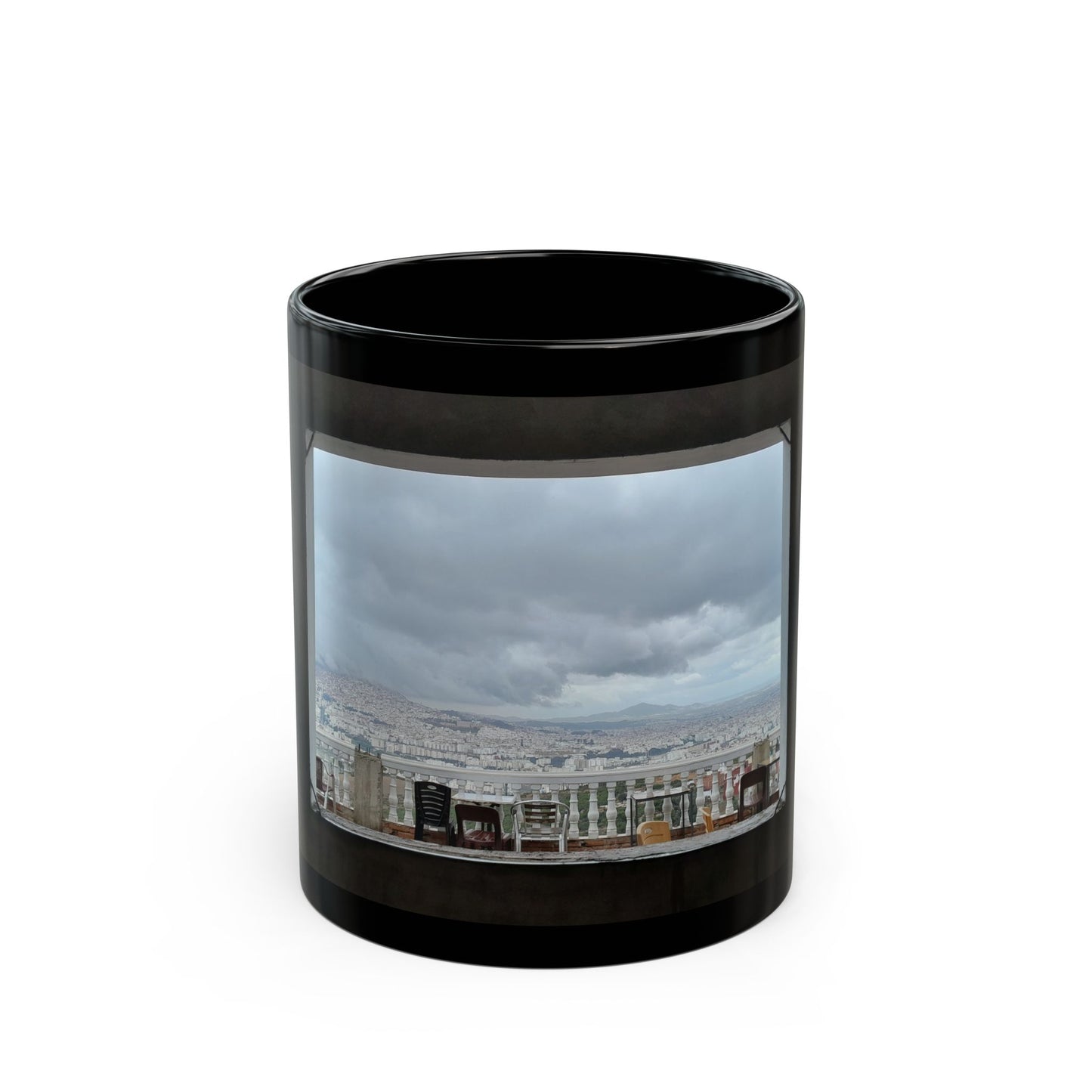 Scenic Cityscape Black Coffee Mug — Panoramic Skyline Photo (11oz/15oz)