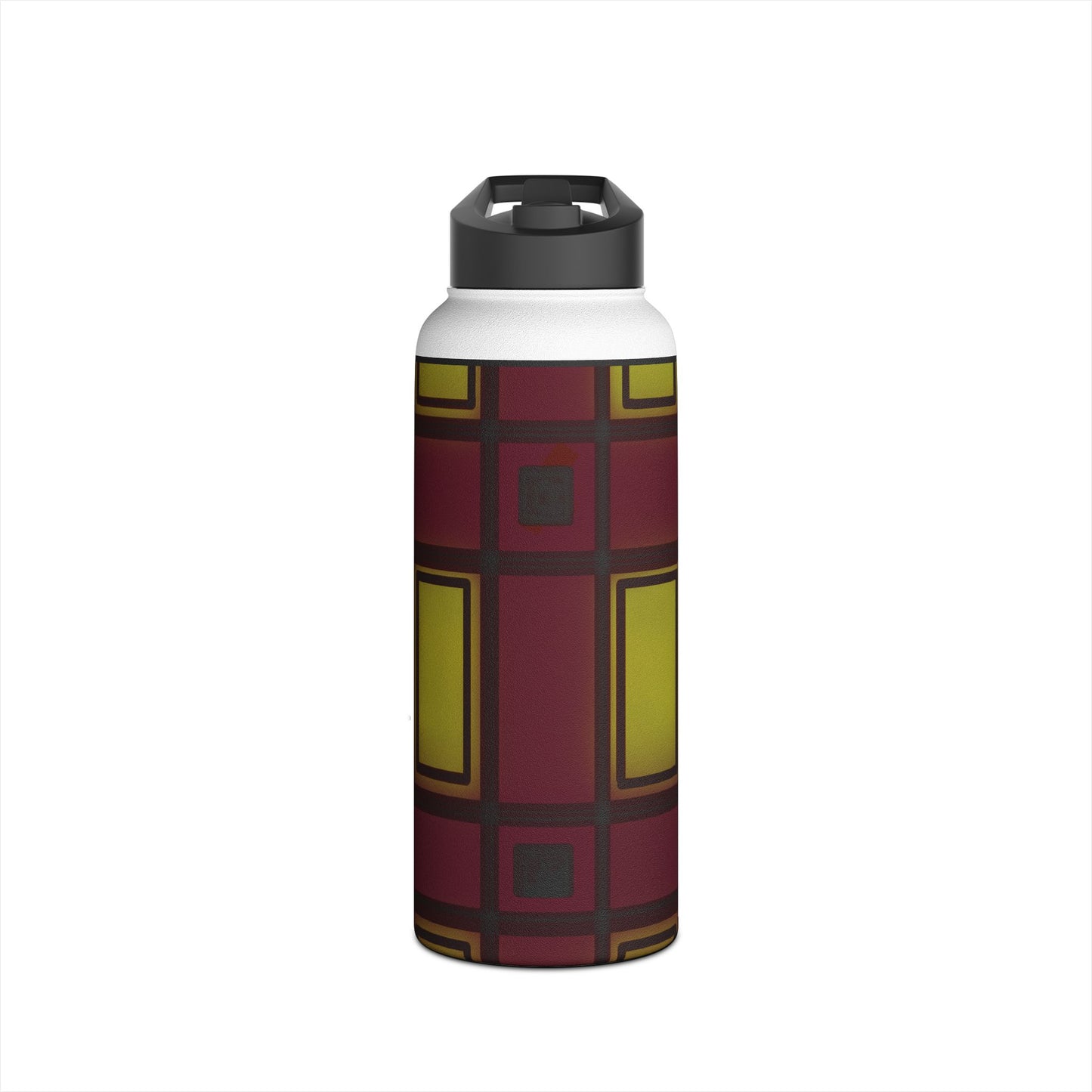 Geometric Plaid Stainless Steel Water Bottle — Burgundy & Mustard