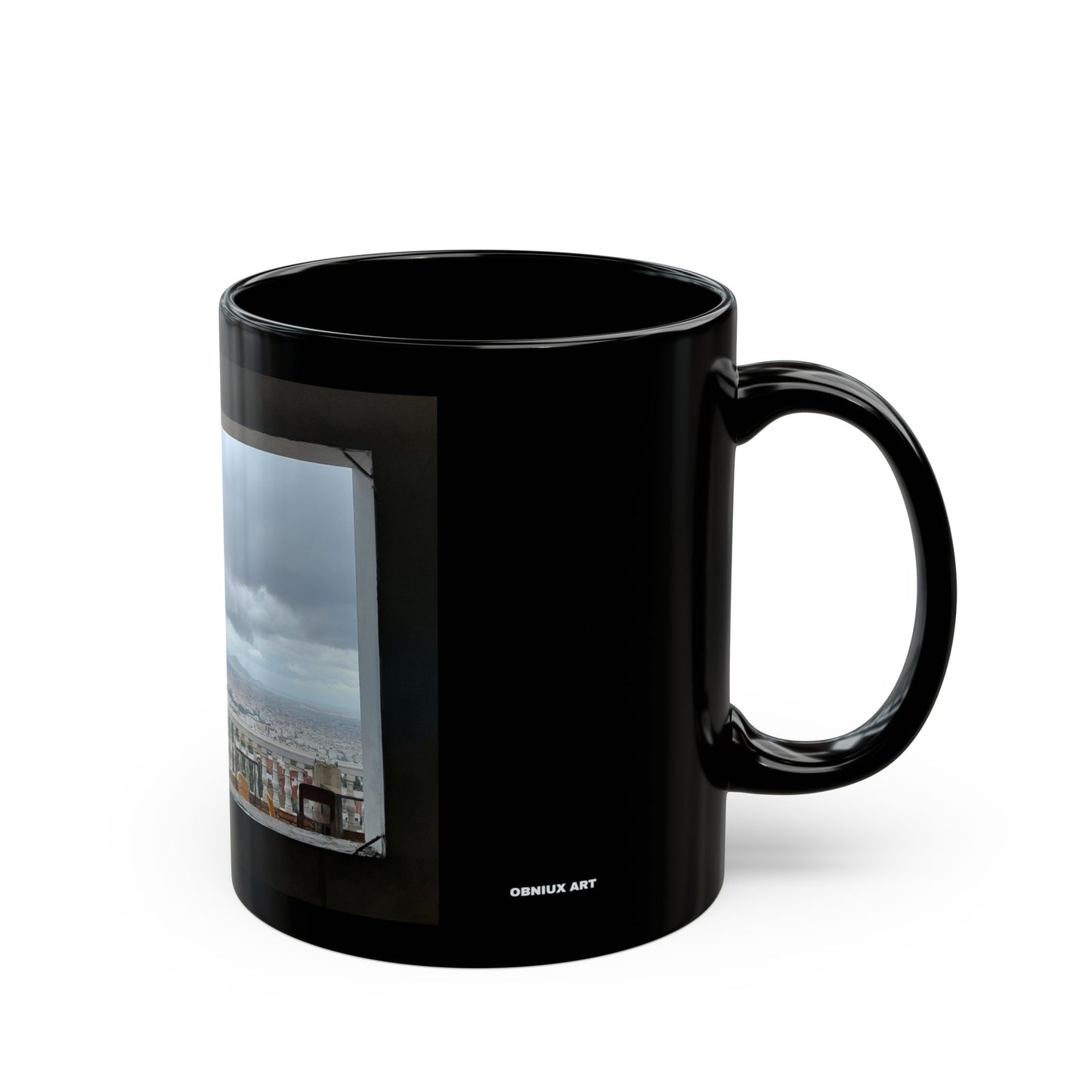 Scenic Cityscape Black Coffee Mug — Panoramic Skyline Photo (11oz/15oz)