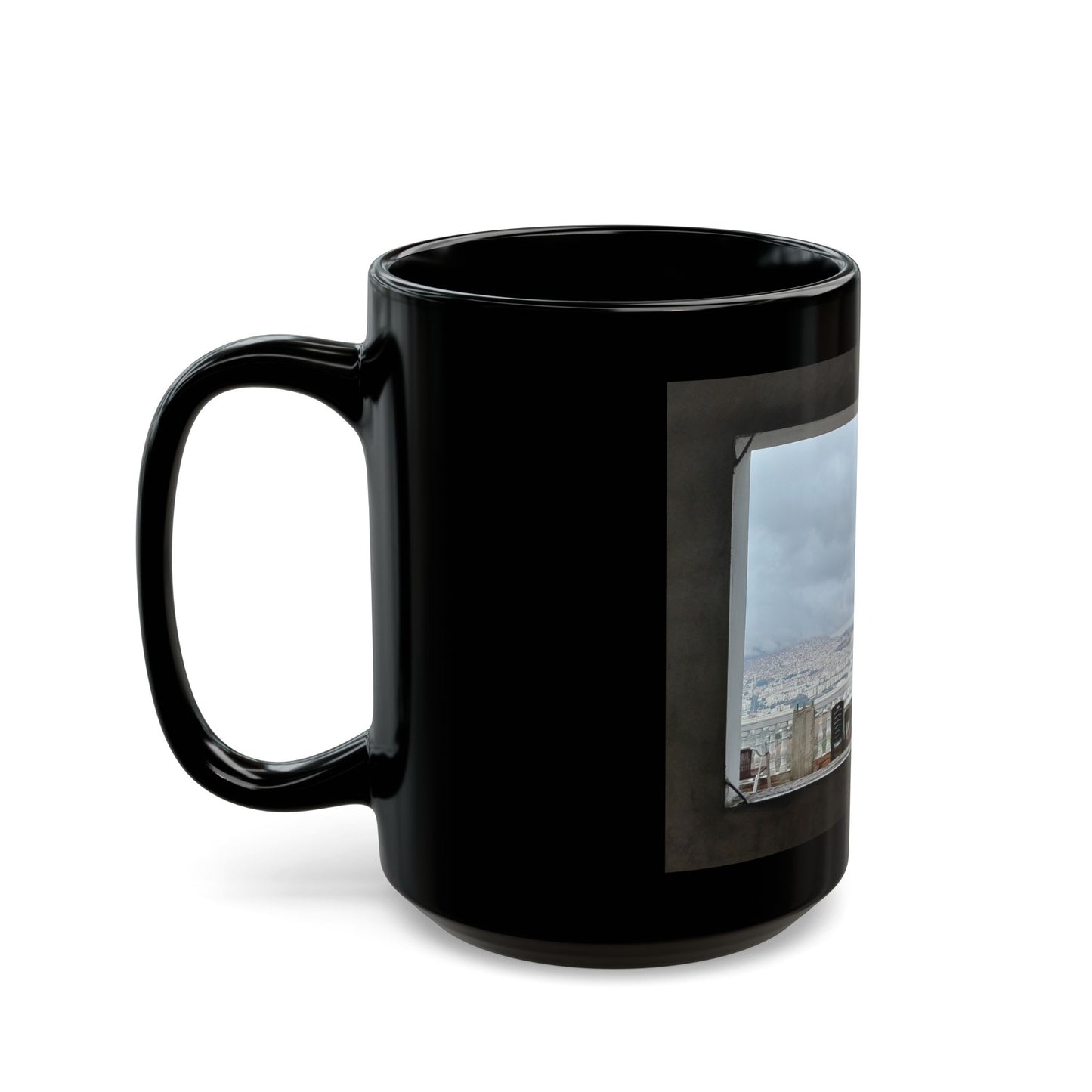 Scenic Cityscape Black Coffee Mug — Panoramic Skyline Photo (11oz/15oz)