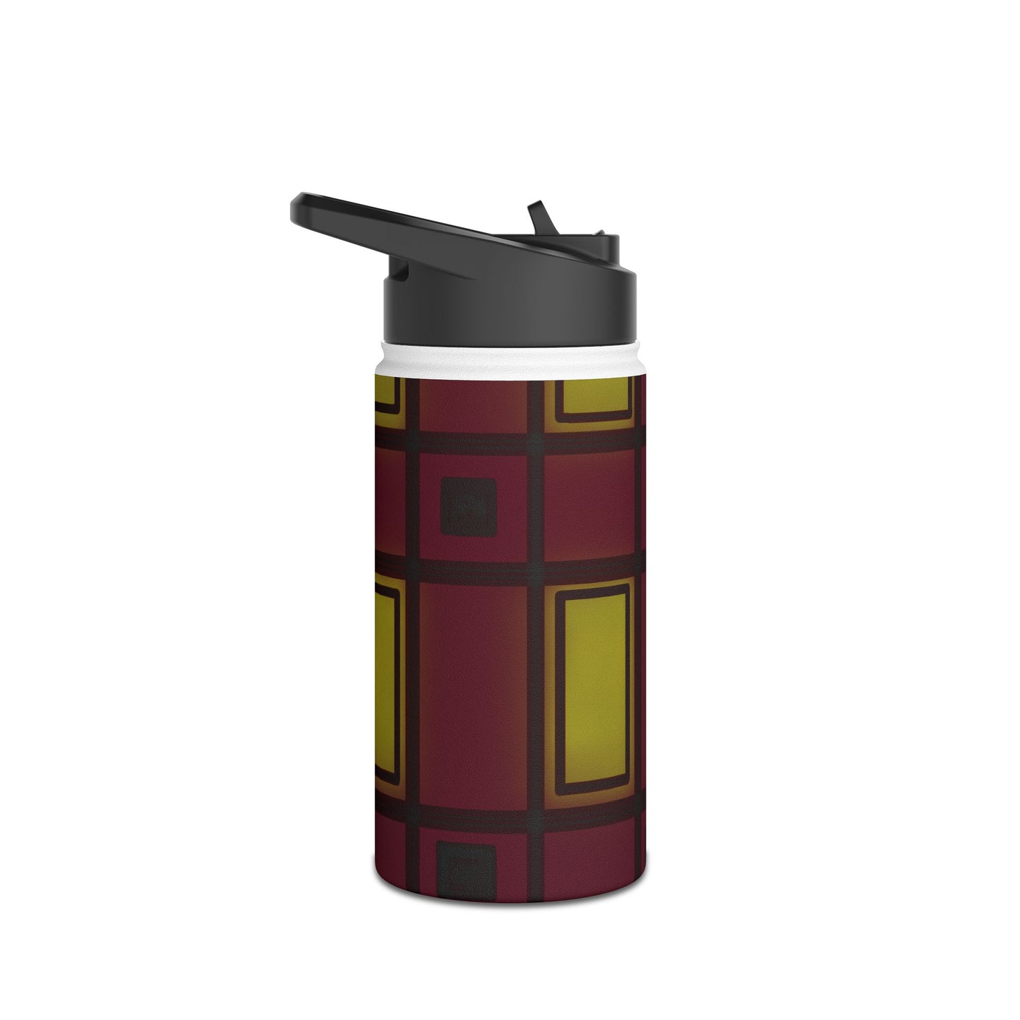 Geometric Plaid Stainless Steel Water Bottle — Burgundy & Mustard