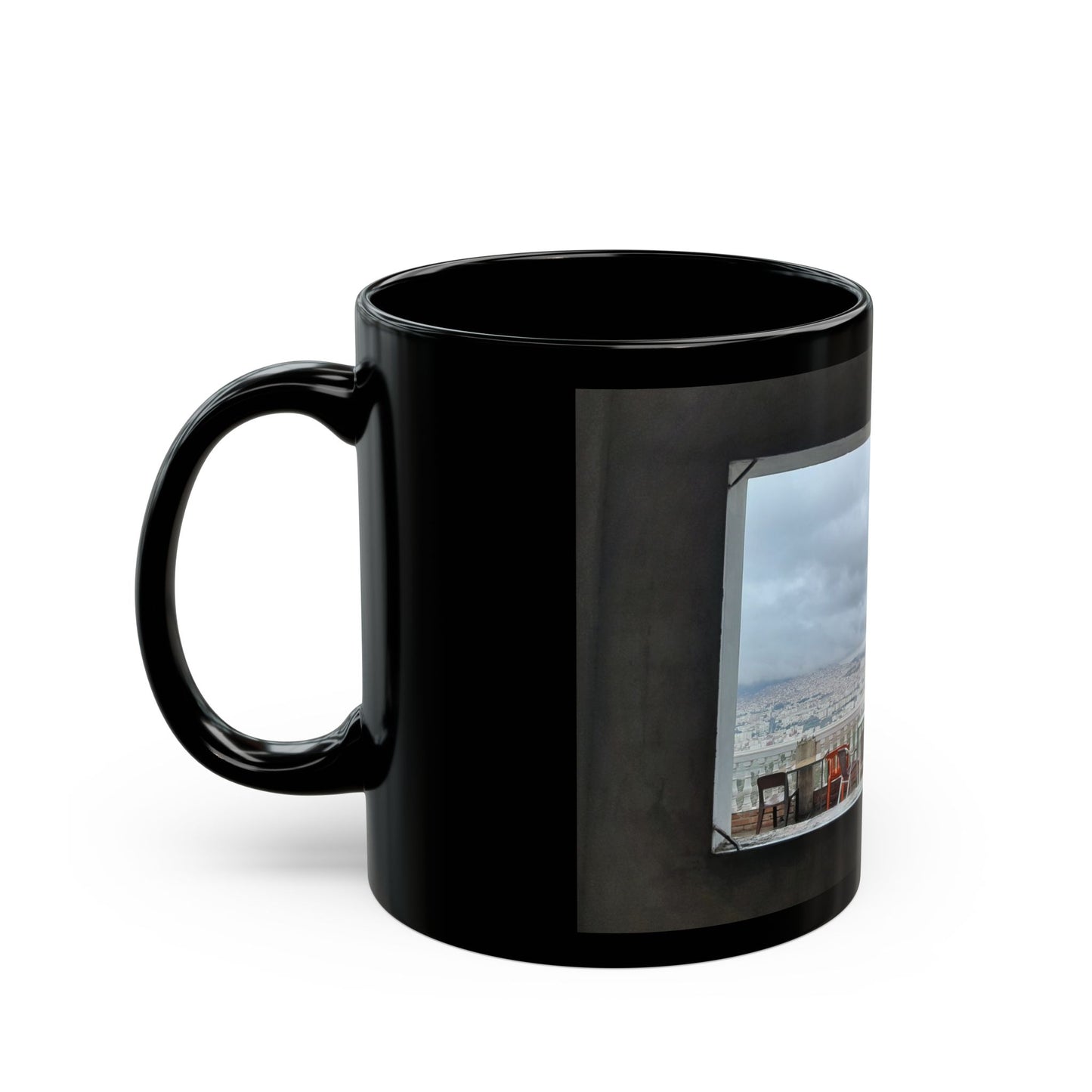 Scenic Rooftop View Black Coffee Mug — Urban Skyline Photo (11oz, 15oz)