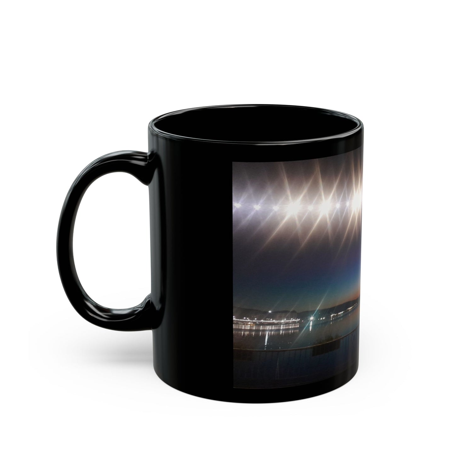 Black Ceramic Mug — Night Harbor Light Reflection Design in Switzerland(11oz, 15oz)