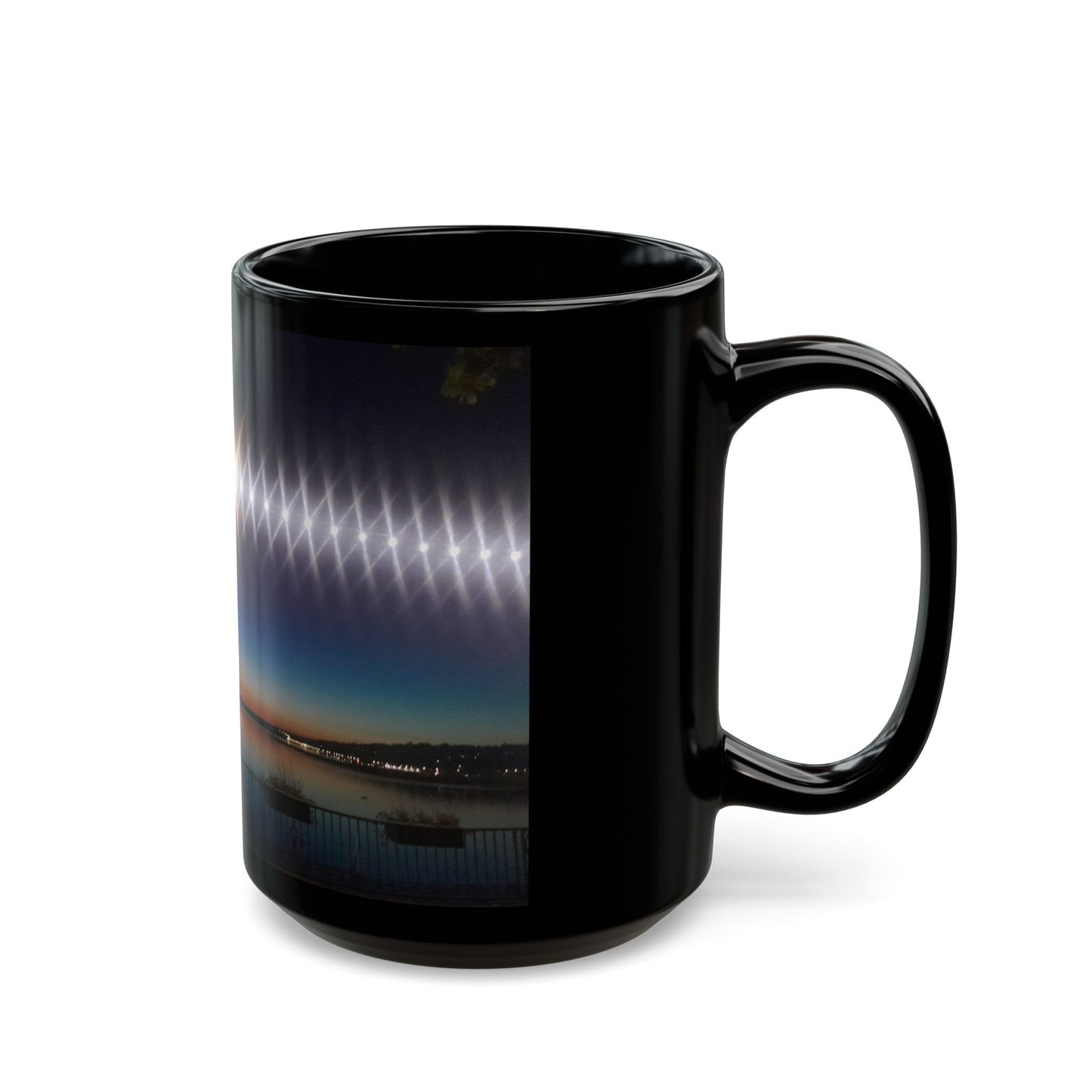Black Ceramic Mug — Night Harbor Light Reflection Design in Switzerland(11oz, 15oz)