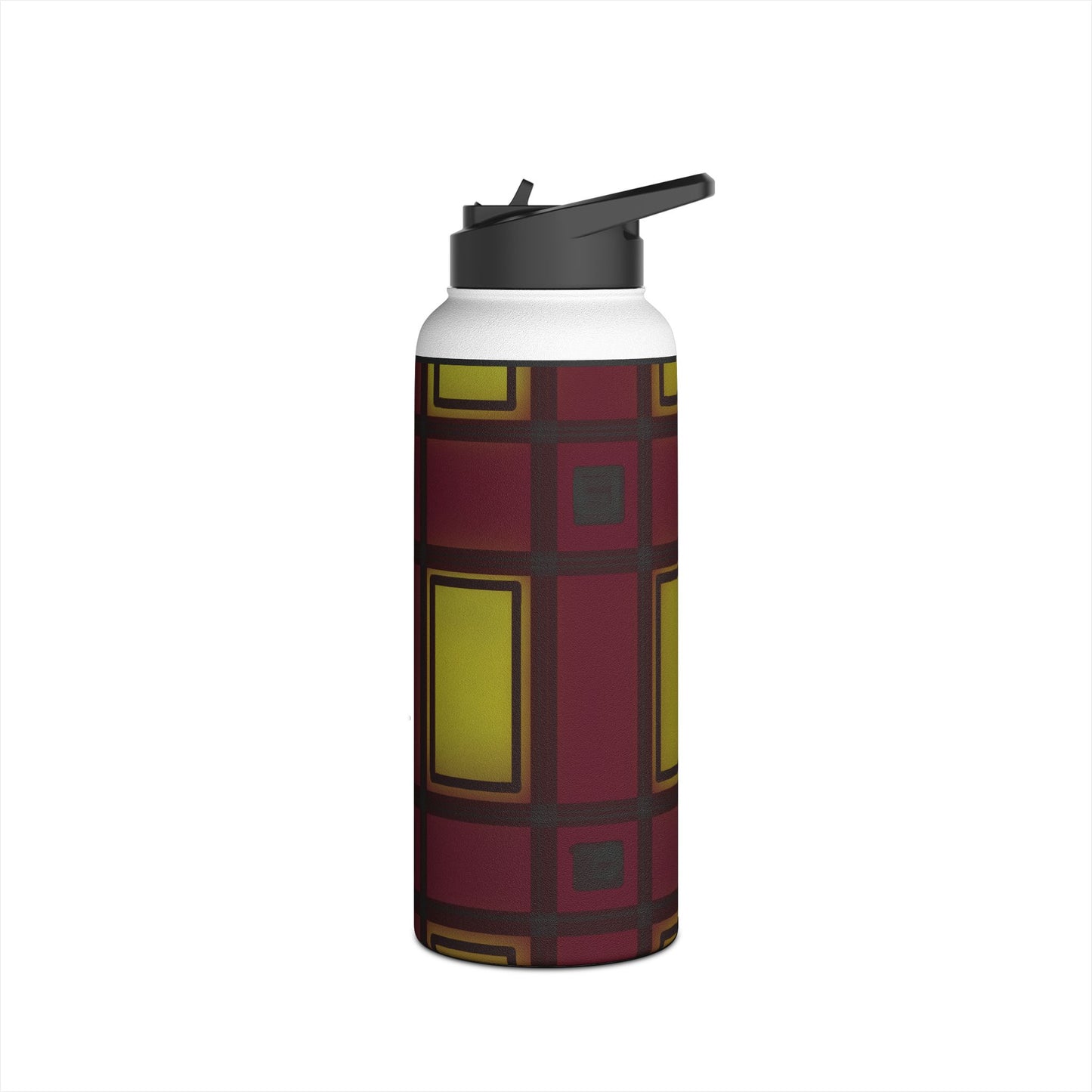 Geometric Plaid Stainless Steel Water Bottle — Burgundy & Mustard
