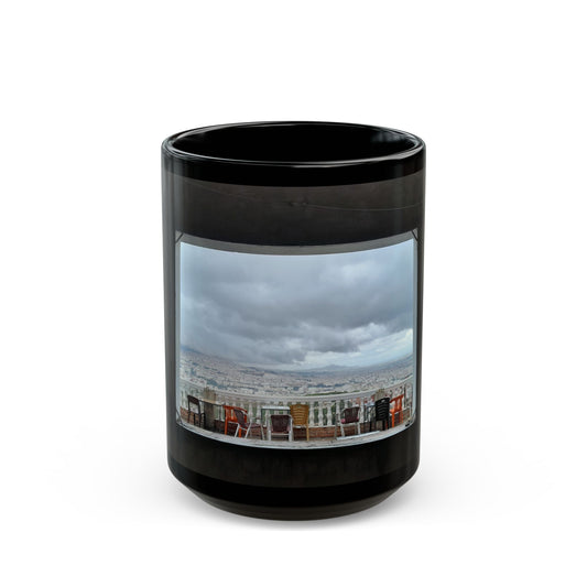 Scenic Rooftop View Black Coffee Mug — Urban Skyline Photo (11oz, 15oz)