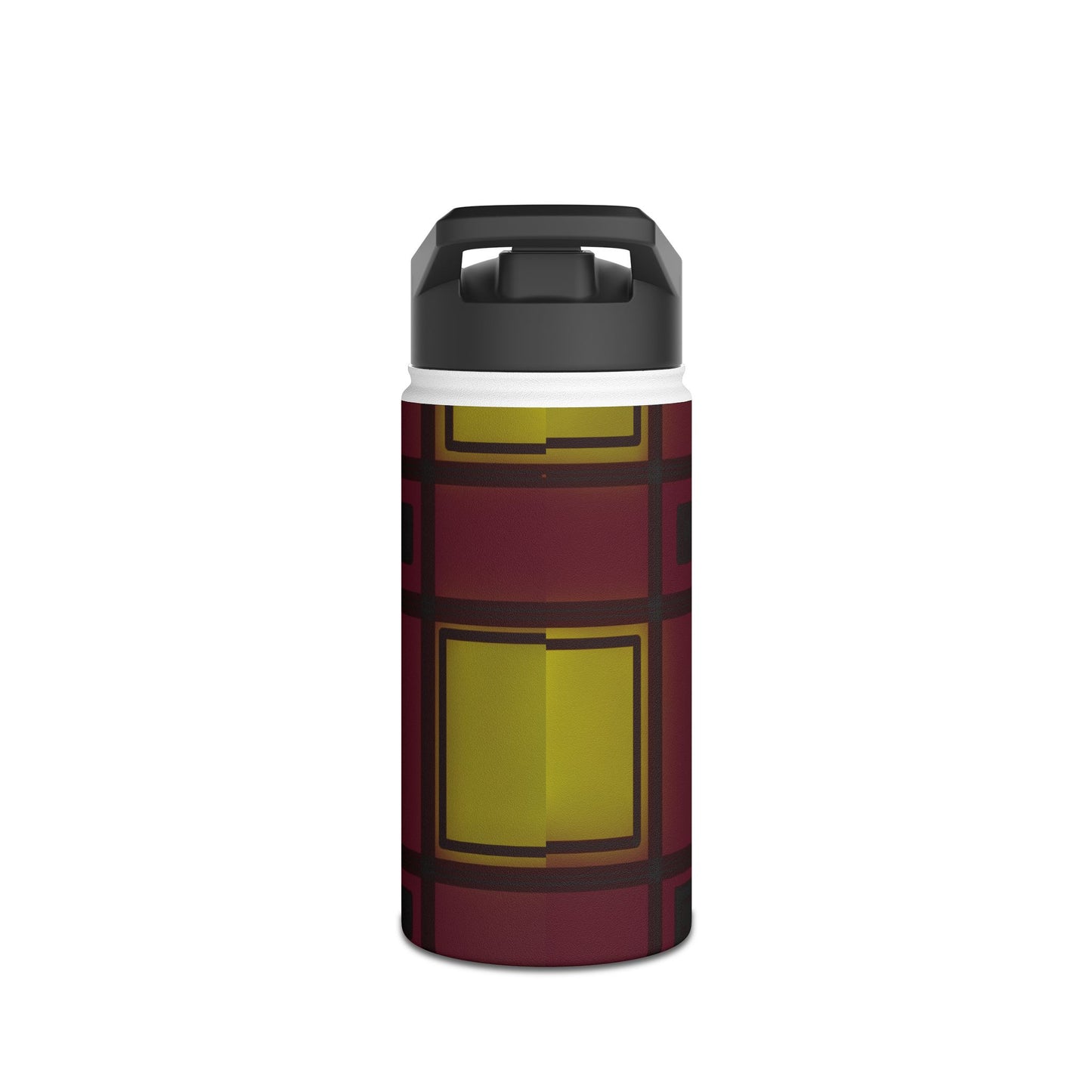 Geometric Plaid Stainless Steel Water Bottle — Burgundy & Mustard