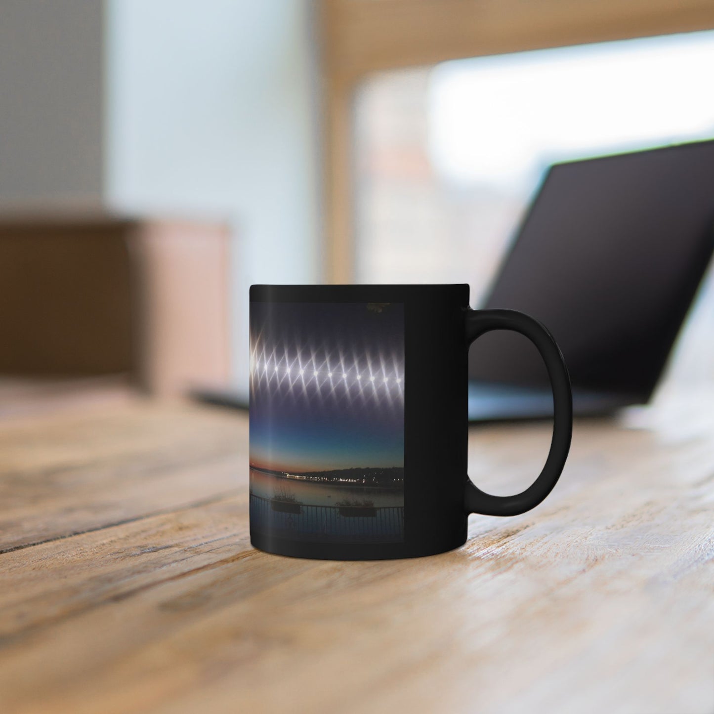 Black Ceramic Mug — Night Harbor Light Reflection Design in Switzerland(11oz, 15oz)