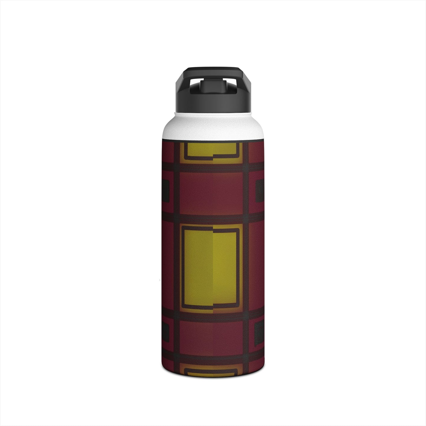 Geometric Plaid Stainless Steel Water Bottle — Burgundy & Mustard
