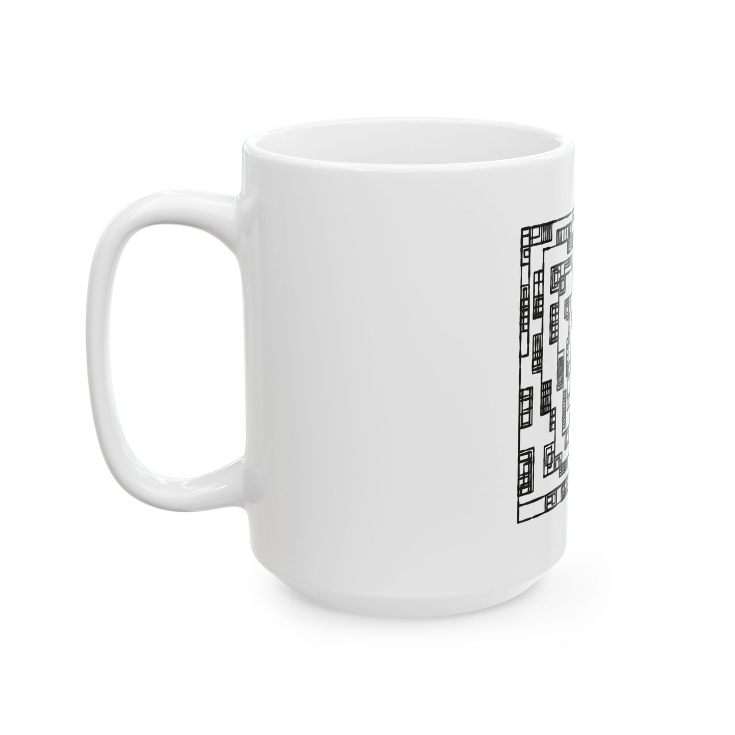 Geometric Maze Mind Box Ceramic Mug — Black & White Optical Pattern (11oz/15oz)
