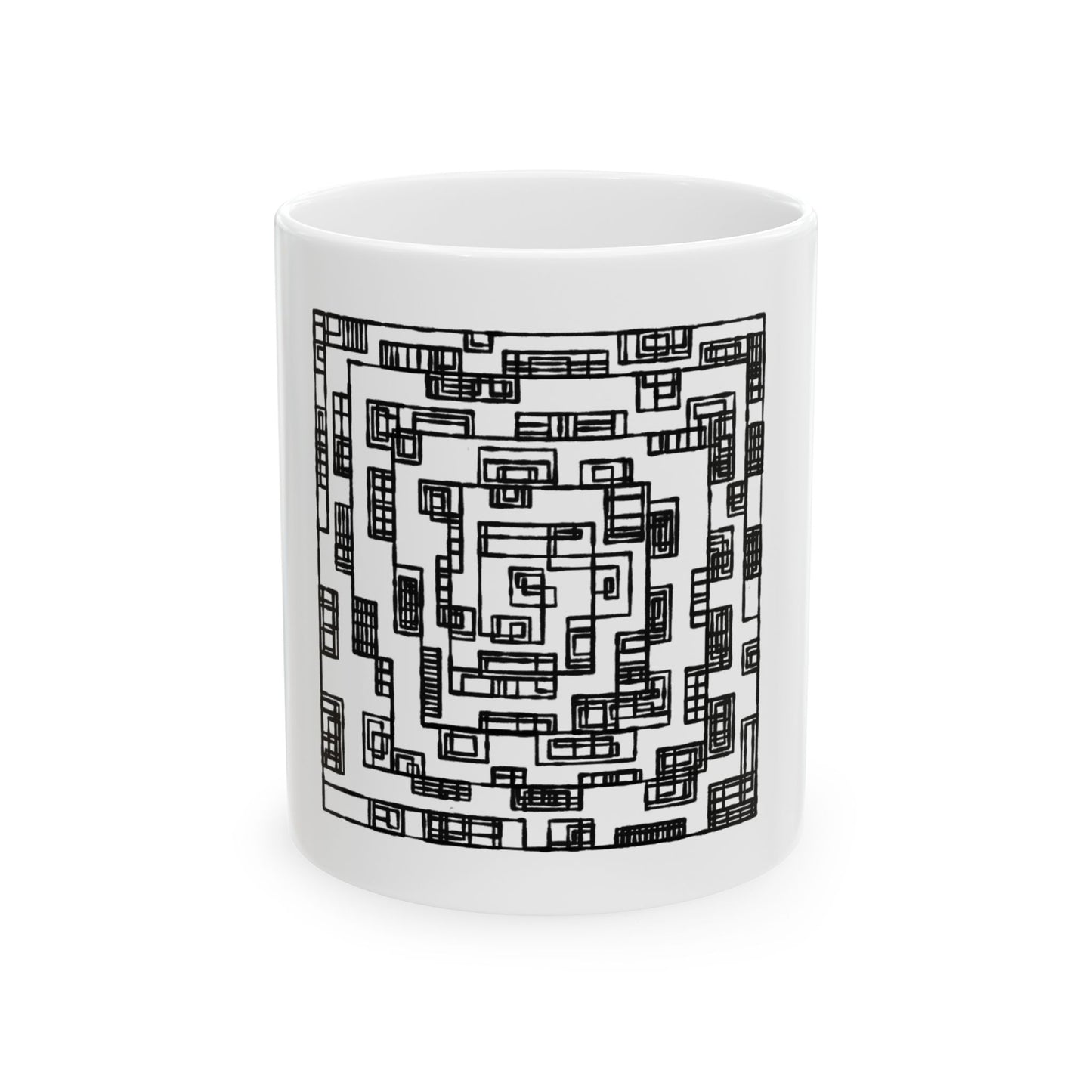 Geometric Maze Mind Box Ceramic Mug — Black & White Optical Pattern (11oz/15oz)