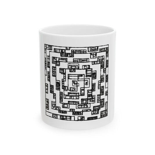 Geometric Maze Mind Box Ceramic Mug — Black & White Optical Pattern (11oz/15oz)