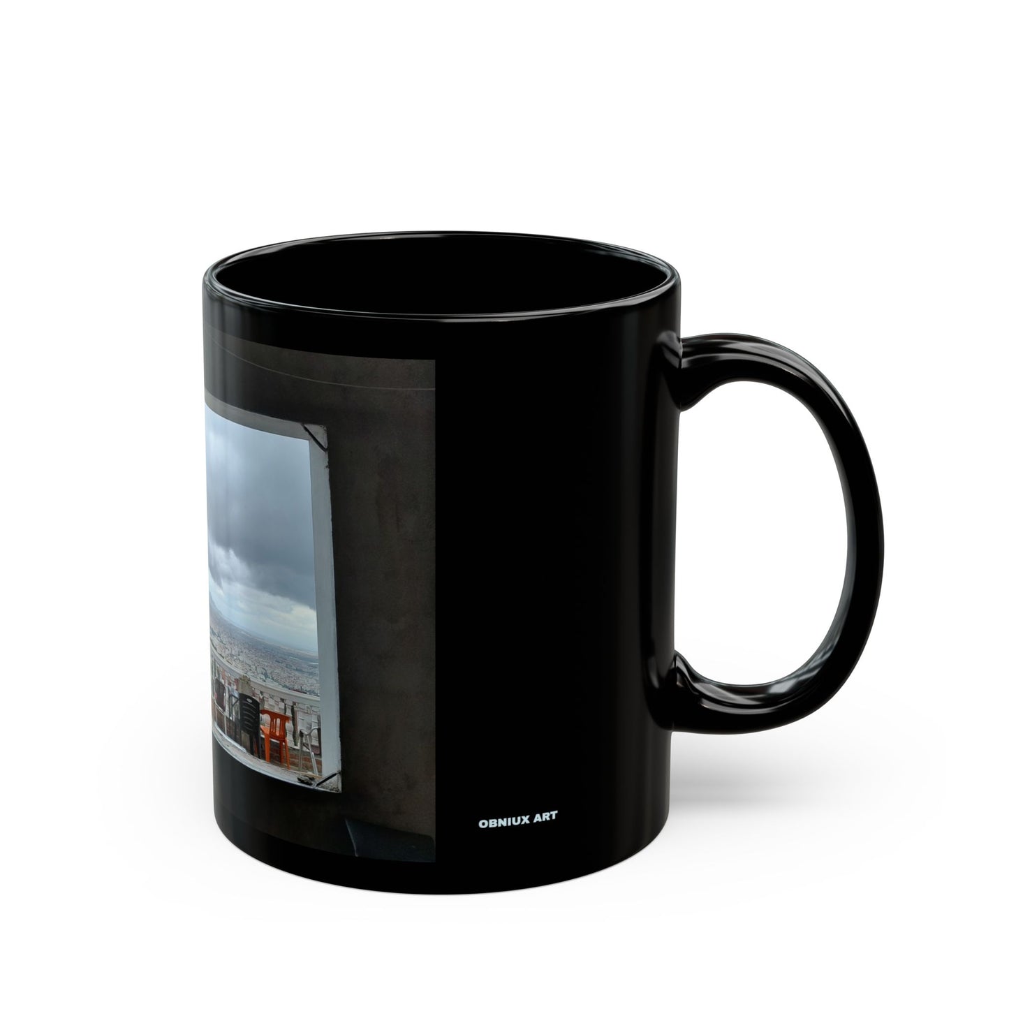Scenic Rooftop View Black Coffee Mug — Urban Skyline Photo (11oz, 15oz)